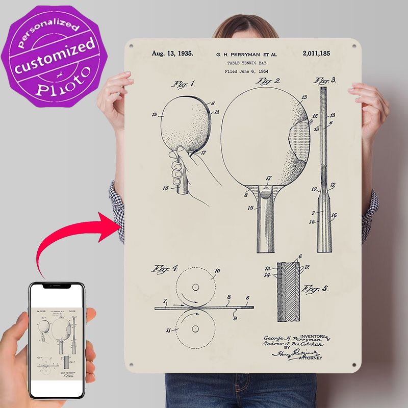 Table Tennis Custom Bat - Poster Metallico Brevetto Racchetta da Ping